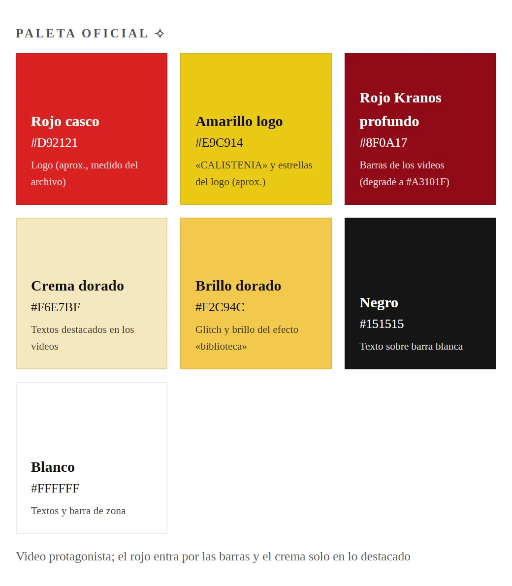 Paleta oficial del brandbook de Kranos Calistenia