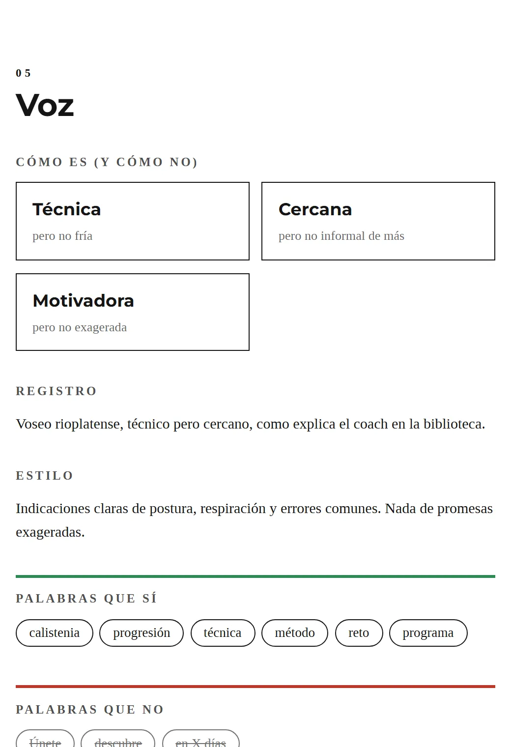 Sección Voz del brandbook de Kranos Calistenia
